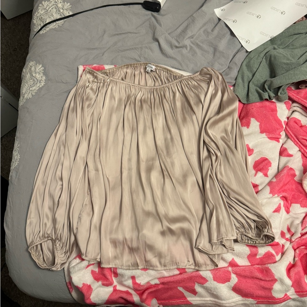 L Love champagne colored off the shoulder dressy top